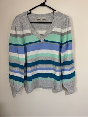LOFT Striped V-Neck Sweater in Gray, Blue & Mint